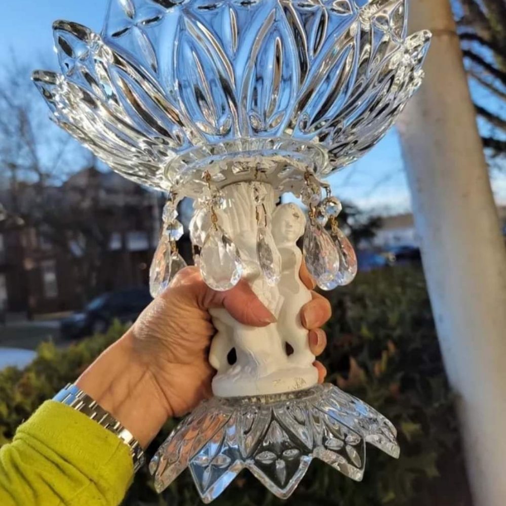 Crystal metal cherub decor bowl compote shabby chic vintage chippy decor